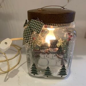 Hand Painted Glass Country Christmas Snowman Jar Lamp  Plug In Decor 6.5” x 4”